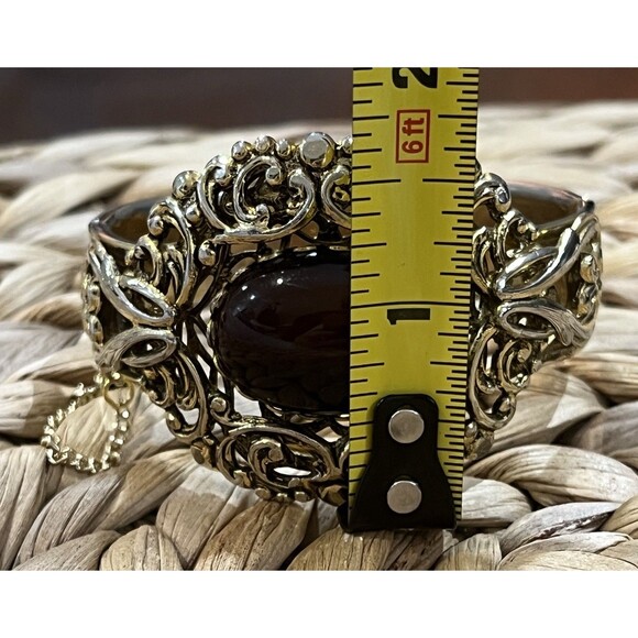 Victorian Goth Gold-tone Glass Carnelian Stone Clamper Bracelet Old Money - Picture 9 of 10